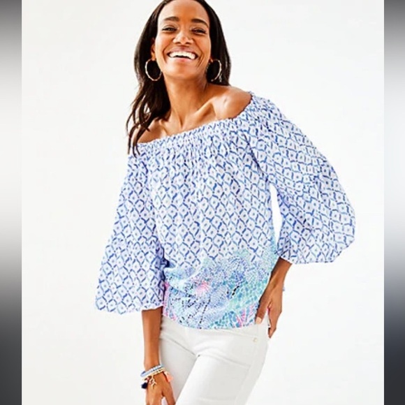 Lilly Pulitzer Nevie Off The Shoulder Top in Sea La Vie Print, XS - Picture 1 of 5